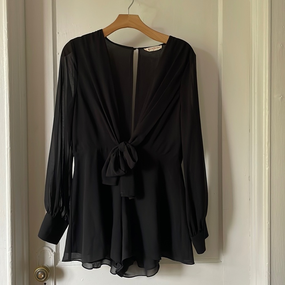American Threads dressy long-sleeve black romper, bow tie front, fitted at waist